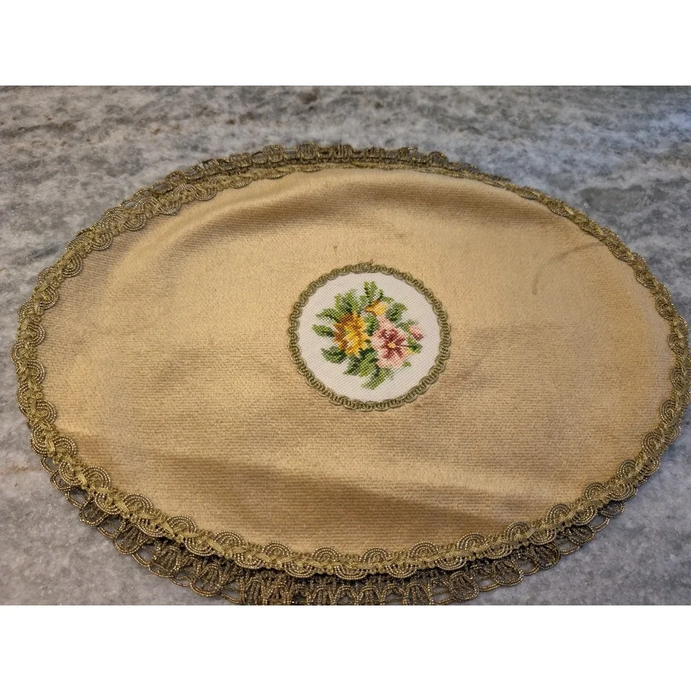 Hungarian Velvet Table Toppers Tapestry w/ Gold Trim, Set Of Two With Embroidery